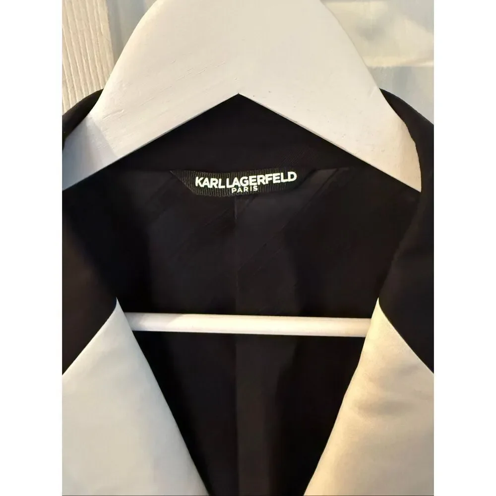 Karl Lagerfeld Black & Cream Satin Tuxedo Jacket sz 48R EUC